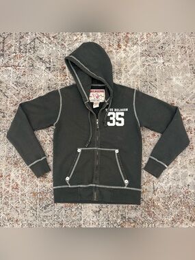 VTG True Religion "35" Classic Contrast Stitch Full Zip Hoodie Men’s Small Gray